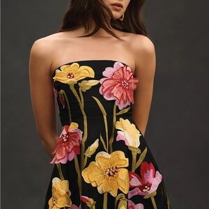 By Anthropologie Strapless Floral Organza Mini Dress